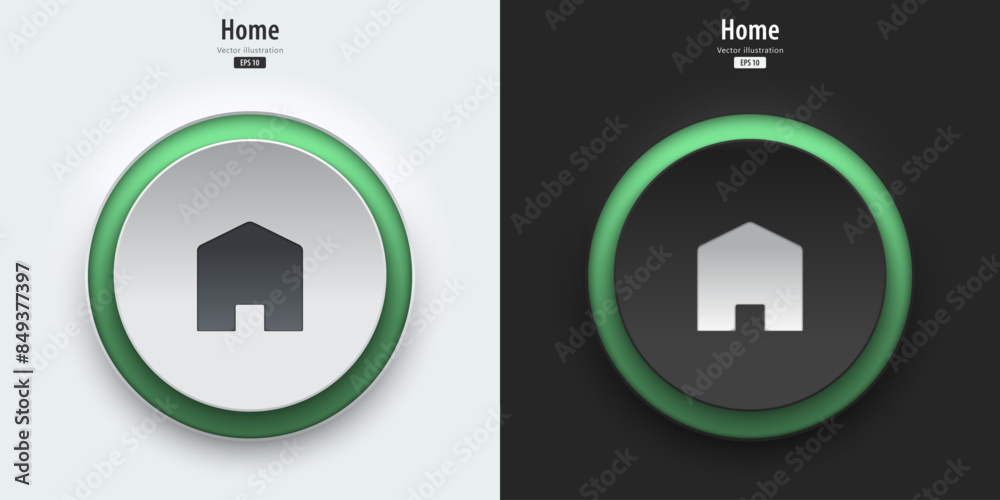 Home icon. A set of black and white buttons have green neon lights with a Home symbol. Icon in trendy neumorphic style for apps, websites, and interfaces. UI UX element. Vector illustration. Home icon. A set of black and white buttons have green neon lights with a Home symbol. Icon in trendy neumorphic style for apps, websites, and interfaces. UI UX element. Vector illustration.