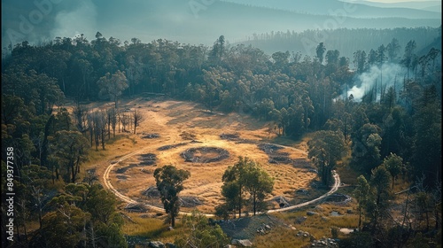 The variant of firebreak and defensible space, a large scale, dendritical spreading berm and bunker structure. Aerial high view. Generative AI.