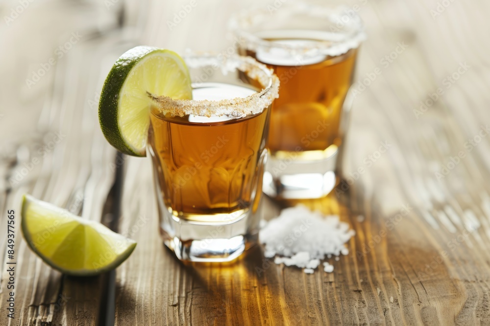 Golden tequila shots with lime and salt on wooden table Golden tequila shots with lime and salt on wooden table