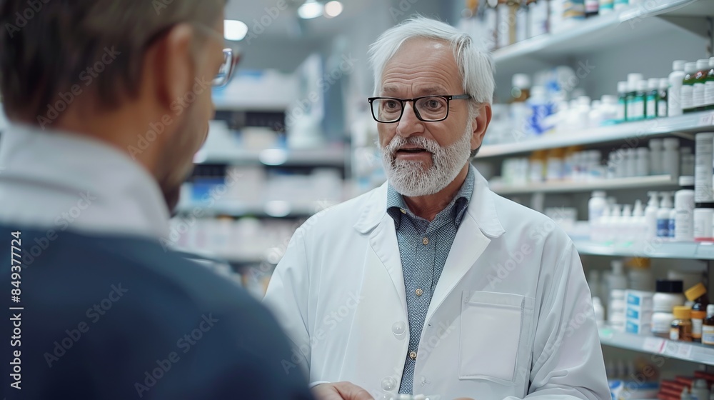 pharmacist dispensing medication to a patient in a pharmacy pharmacist dispensing medication to a patient in a pharmacy