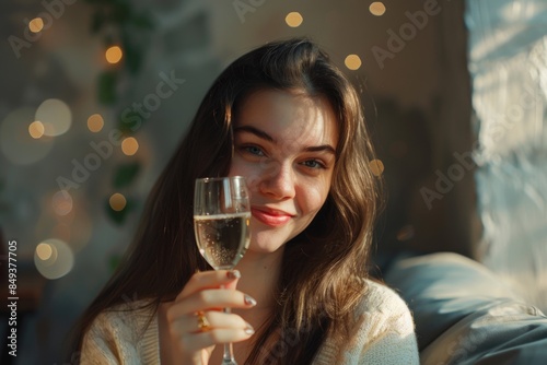 A woman holds a glass of wine in her hand, possibly enjoying a relaxing moment or celebrating a special occasion