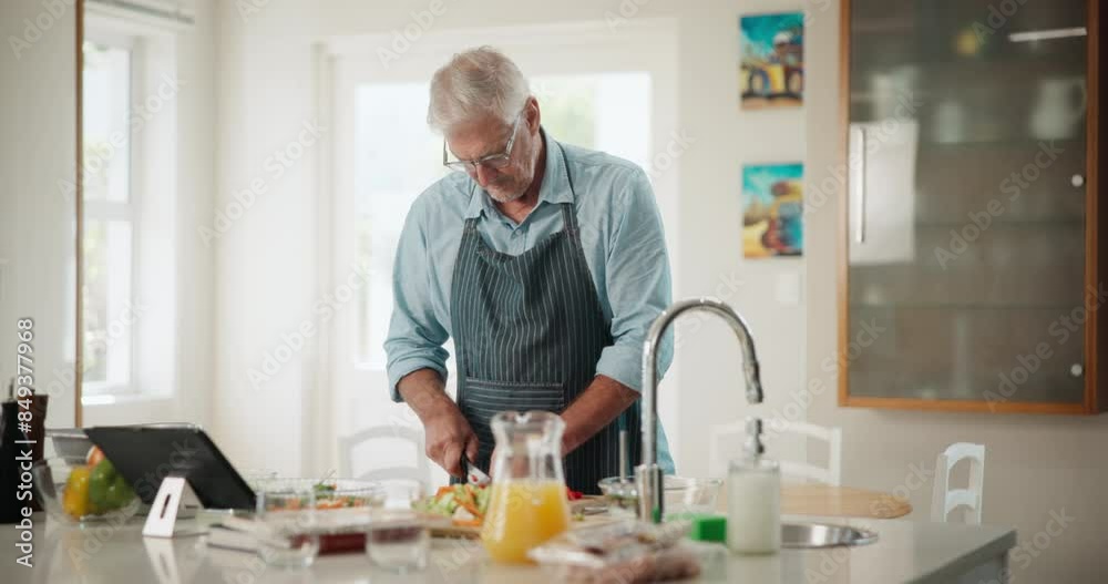 Portrait, cooking or senior man in kitchen with healthy food for nutrition, wellness or retirement at home. Vegan diet, cutting vegetables or mature person in house in preparation for dinner meal Portrait, cooking or senior man in kitchen with healthy food for nutrition, wellness or retirement at home. Vegan diet, cutting vegetables or mature person in house in preparation for dinner meal