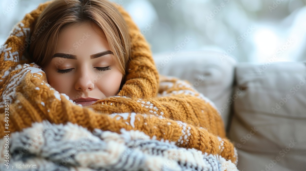 Woman with illness resting on sofa under warm blanket taking a peaceful nap for relaxation Woman with illness resting on sofa under warm blanket taking a peaceful nap for relaxation