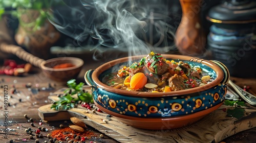 A colorful Moroccan tagine with tender lamb, apricots, and almonds served in a traditional clay pot, steam rising, rustic wooden table background, natural daylight © peeradol