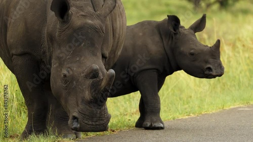 Rare Footage of White horn Rhino herd with small baby walking breeding in South Africa savannah road. Safari national park. Wildlife exotic country. Wild nature mammal animals in natural habitat.