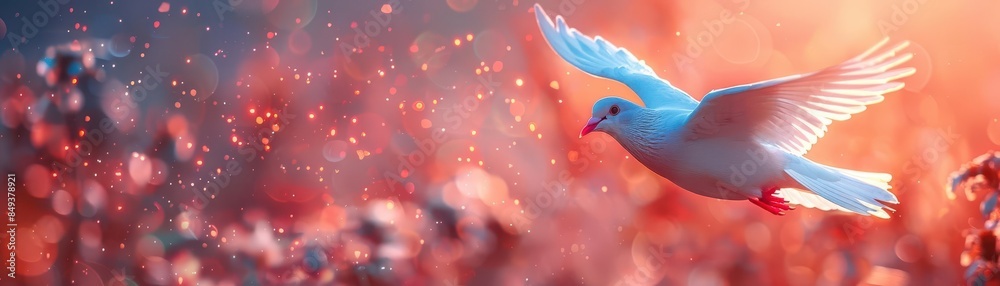 Fototapeta premium A white dove flies through a vibrant red and pink bokeh background.