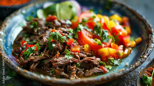 A colorful plate of Botswana seswaa with shredded beef, served with bogobe and morogo, on a rustic plate, bright daylight photo