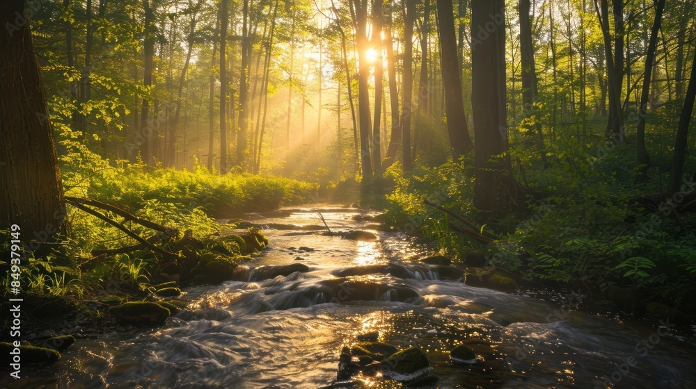 Fototapeta premium spring forest with sunlight filtering through the trees and a gentle stream flowing in the foreground 