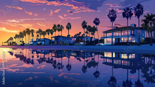 View of modern waterfront mansion, house with palm trees reflecting on the water at sunset