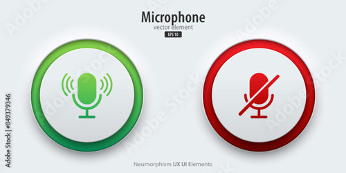 Microphone icon. White buttons have neon lights with a microphone on-off symbols. 3D icon in trendy neumorphic style for apps, websites, and interfaces. UI UX element. Vector illustration.