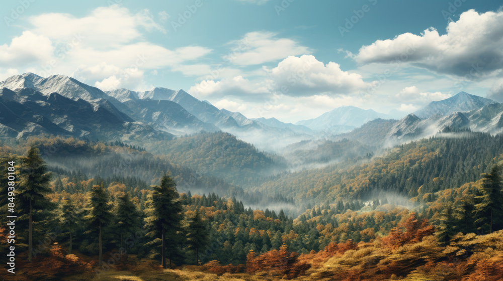 Obraz premium Fall mountain range landscape with orange autumn trees and blue sky