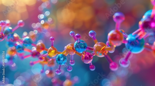 Vibrant molecular structure concept with colorful atoms and bonds, reflecting scientific and technological advancements in chemistry and biology.