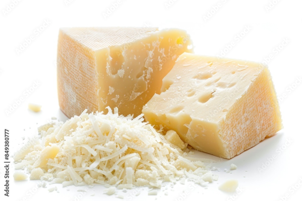 A pile of shredded cheese sits next to a block of cheese, perfect for snacking or recipe inspiration A pile of shredded cheese sits next to a block of cheese, perfect for snacking or recipe inspiration