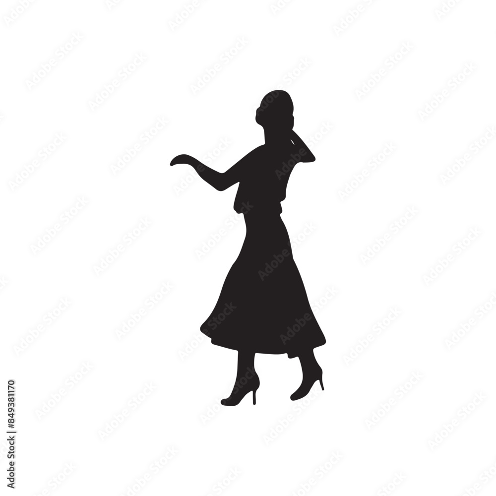 Beautiful woman in dress on heels is dancing single and training ballroom dancing in black isolated on white background. Hand drawn vector silhouette illustration. Vintage costume, theater. Beautiful woman in dress on heels is dancing single and training ballroom dancing in black isolated on white background. Hand drawn vector silhouette illustration. Vintage costume, theater.