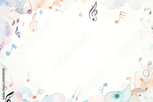 White paper with illustrations of music notes in a border frame design, copy space concept. 
