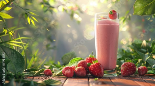 Outdoor Strawberry Smoothie in Sunlight.
