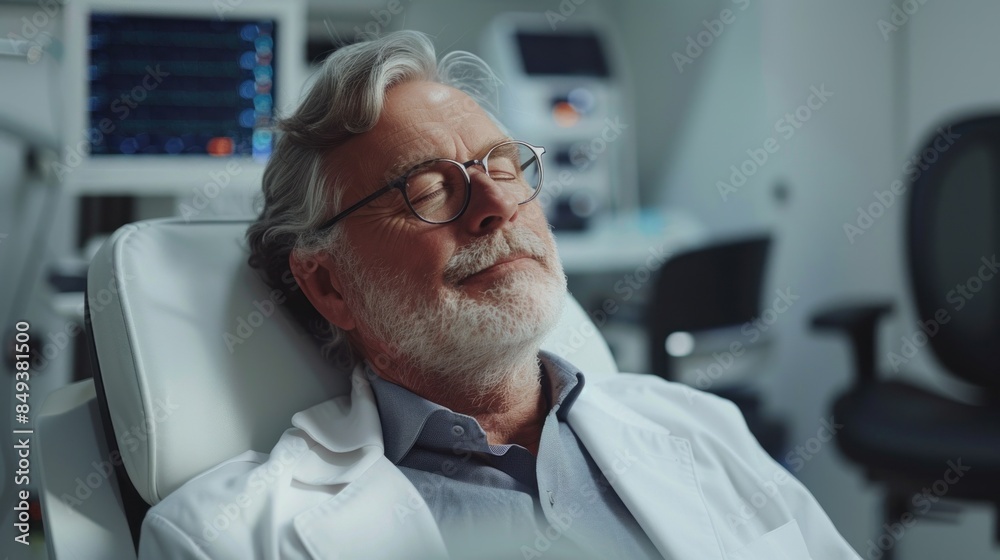 Elderly male doctor reclining and resting in a modern medical office with high-tech equipment, portraying relaxation during a break. Elderly male doctor reclining and resting in a modern medical office with high-tech equipment, portraying relaxation during a break.