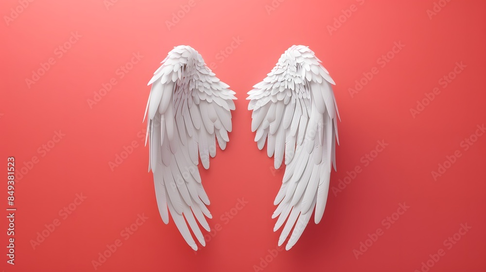 Big white angel wings on red background, element for masking or photo zone Big white angel wings on red background, element for masking or photo zone