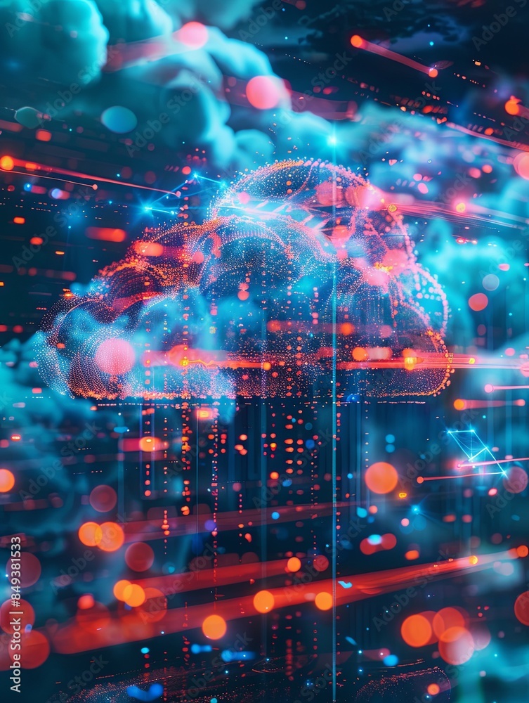 Abstract visualization of cloud computing, featuring glowing digital elements representing data processing and AI operations within the cloud. Generative AI Abstract visualization of cloud computing, featuring glowing digital elements representing data processing and AI operations within the cloud. Generative AI