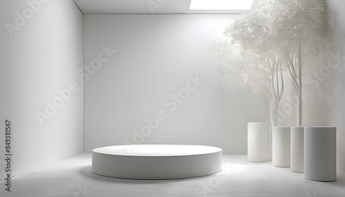 An artistic white room with a realistic white cylinder podium and gentle leaf shadow overlays, crafting a relaxing atmosphere © Nazmul