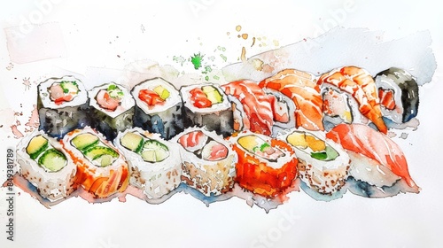 A variety of sushi and rolls, including nigiri, maki, and sashimi.