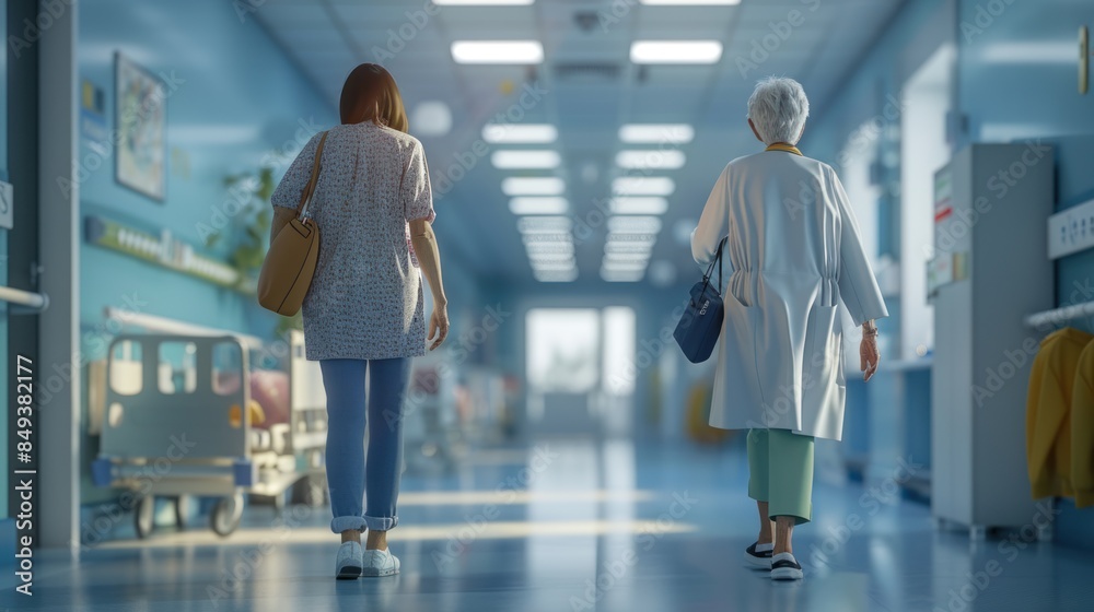 style of Rear view of senior woman walking with support of female doctor in hospital style of Rear view of senior woman walking with support of female doctor in hospital