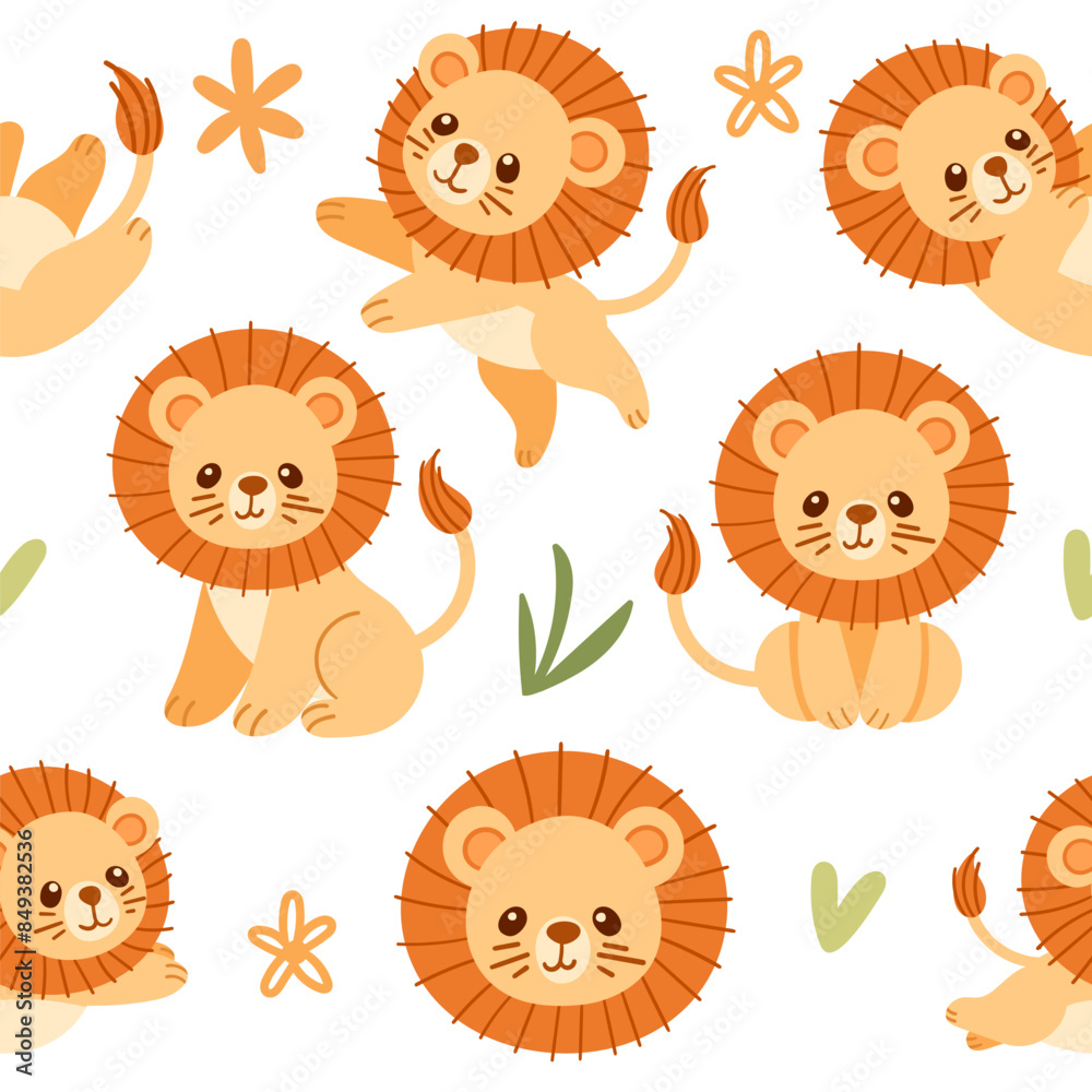 Fototapeta premium Seamless pattern cute small lion with green leaves cartoon animal design vector illustration on white background
