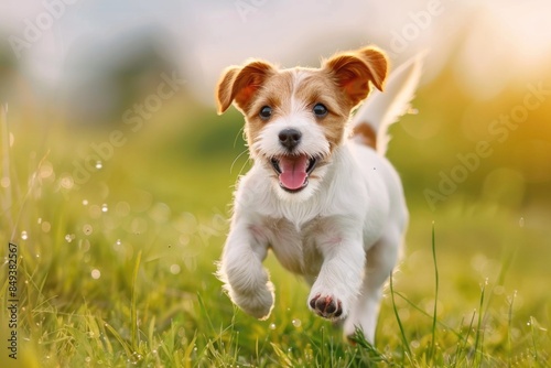 A small dog is running across a lush green field, with sunlight shining down