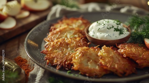 A detailed shot of a plate of latkes photo