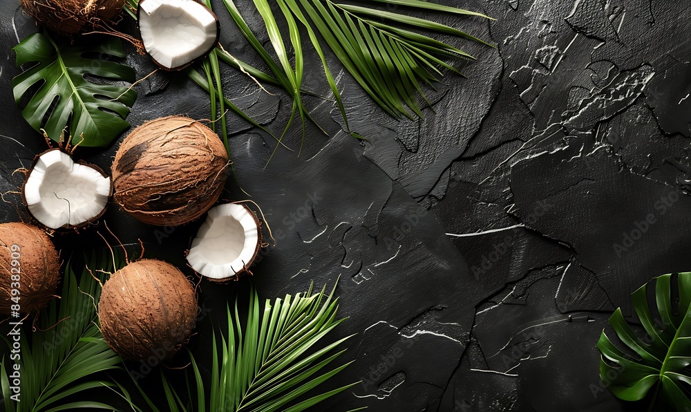 Coconut Bliss Delight in the allure of the tropics with this mesmerizing top-view composition featuring fresh coconuts and swaying palm leaves on a sleek black stone background Coconut Bliss Delight in the allure of the tropics with this mesmerizing top-view composition featuring fresh coconuts and swaying palm leaves on a sleek black stone background