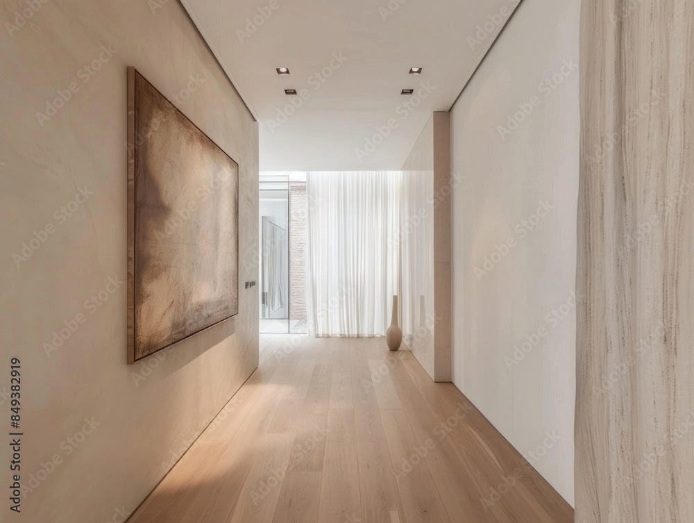 Bright and airy hallway with minimalist decor, showcasing large abstract paintings, wooden flooring, and plenty of natural light. Bright and airy hallway with minimalist decor, showcasing large abstract paintings, wooden flooring, and plenty of natural light.