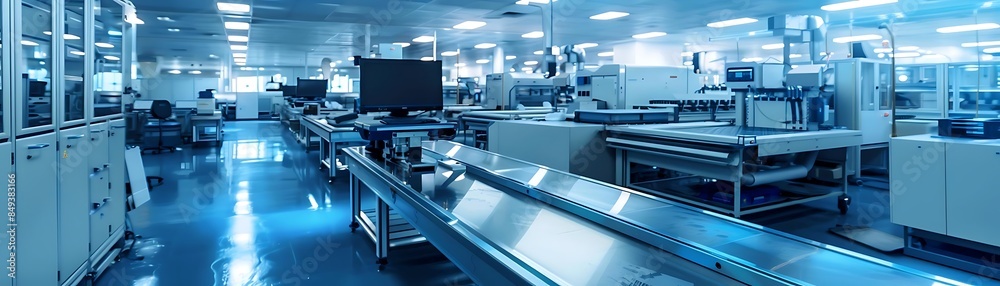 a modern factory with a shiny floor and white ceiling, illuminated by overhead lights a modern factory with a shiny floor and white ceiling, illuminated by overhead lights
