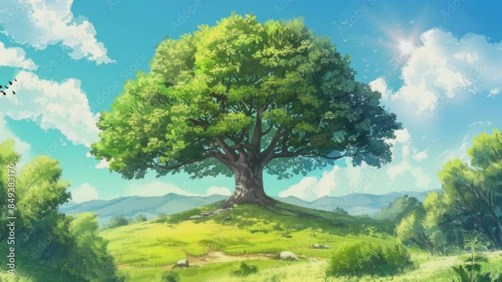 Landscape animation with lush tree in grassy field with blue sky in loop Landscape animation with lush tree in grassy field with blue sky in loop