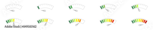 White speedometer icon set. Collection of customer satisfaction counters. Vector on isolated white background. EPS 10.