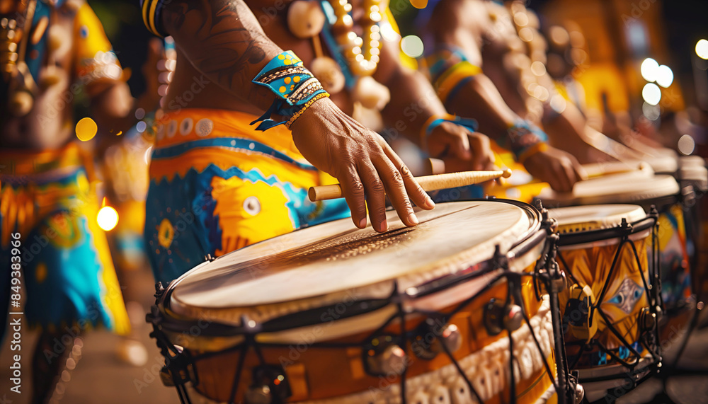 Foto de Brazilian Carnival scene, drummers play vibrant samba rhythms ...