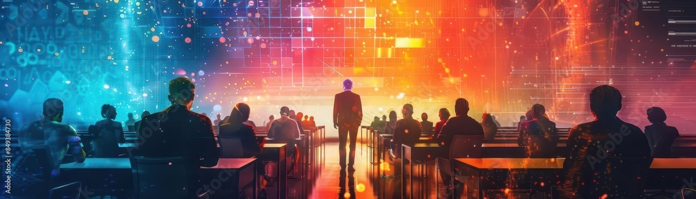 Digital painting of a futuristic UN peace conference with holographic delegates and neon light accents, modern and dynamic Digital painting of a futuristic UN peace conference with holographic delegates and neon light accents, modern and dynamic