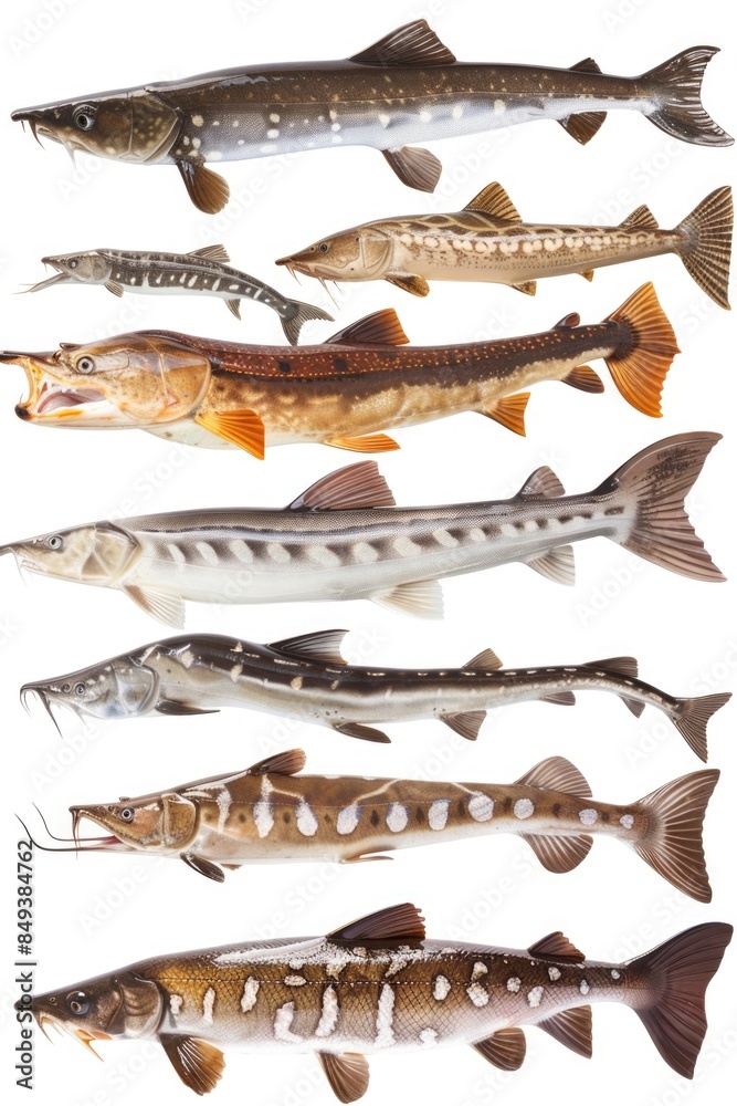 A group of fish swimming together on a white background A group of fish swimming together on a white background