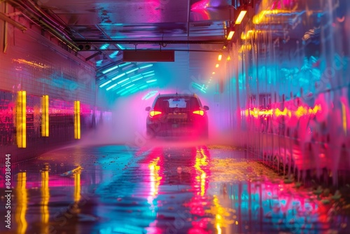 Vibrant Car Wash Tunnel with Colorful Neon Lights and Water Spraying on Passing Cars