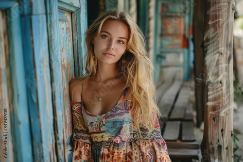 young blonde woman in hippie summer dress relaxed in small town