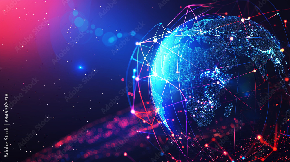 Fototapeta premium High-tech digital globe with a network of interconnected points and lines, showcasing global communication and technology, ideal for themes of innovation and connectivity