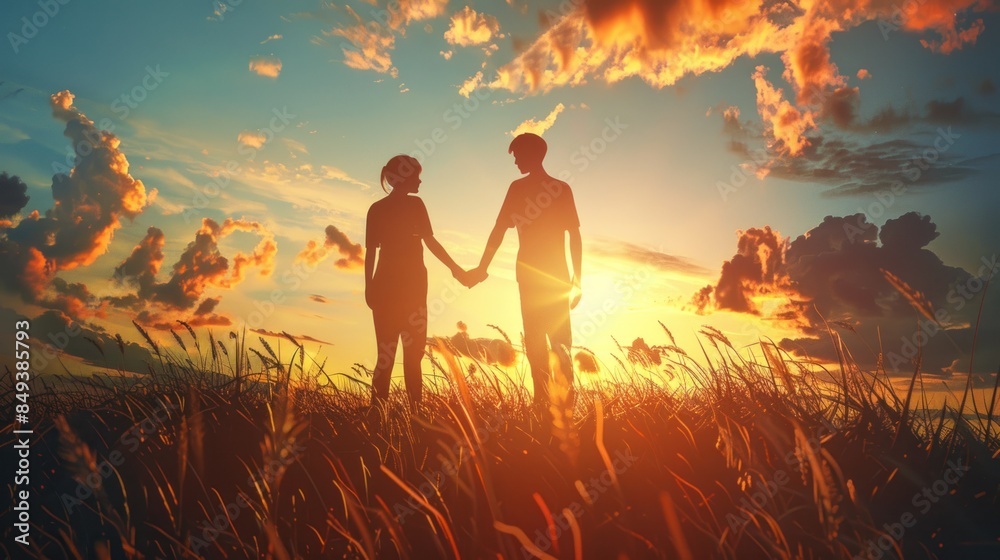 Fototapeta premium A young couple holding hands on the grass during sunset