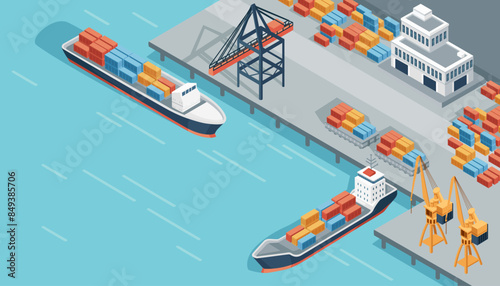 Marine terminal with cargo ships and cargo crane freight forwarding services vector illustration isometric design