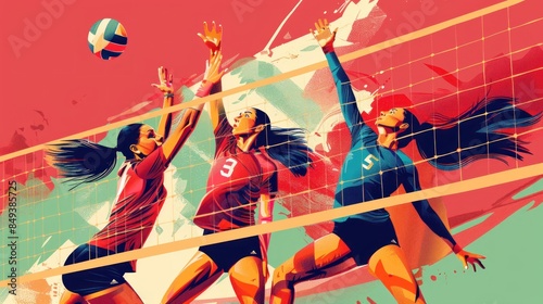 Competition female volleyball players are hitting volleyball balls.