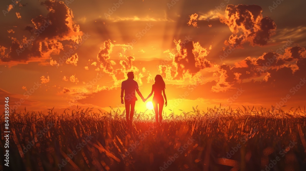 Fototapeta premium A young couple holding hands on the grass during sunset