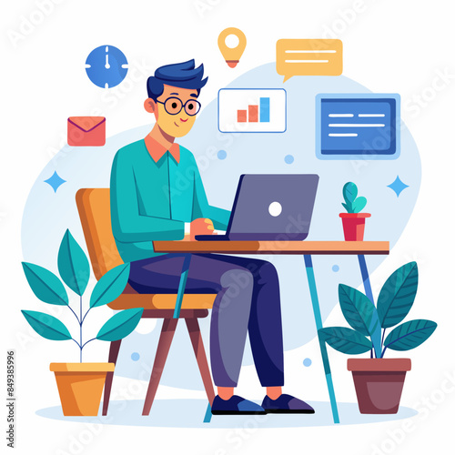 man sitting with laptop in the table wearing office dress and making social media content, Concept illustration for working, work from home © Merry