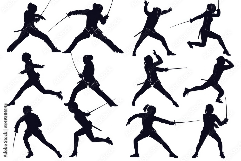 A set of silhouettes depicting a man holding a sword, suitable for use in illustrations or designs related to action, adventure, or fantasy themes A set of silhouettes depicting a man holding a sword, suitable for use in illustrations or designs related to action, adventure, or fantasy themes