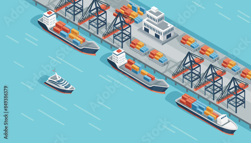 Marine terminal with cargo ships and cargo crane freight forwarding services vector illustration isometric design
