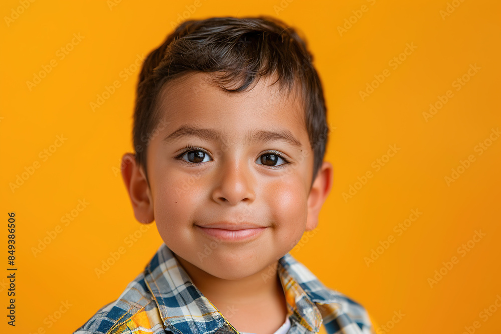 Latino Hispanic Cute Little Boy Isolated on a orange Background Adorable Child Smiling Happy Playful Stylish Innocent Youthful Ethnic Cultural Portrait Studio Photography Bright Cheerful Fashionable