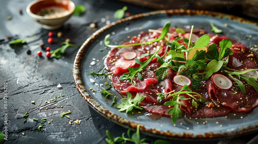 A picturesque plate of emu carpaccio with a native herb salad, garnished with finger lime pearls, rustic kitchen background, natural daylight A picturesque plate of emu carpaccio with a native herb salad, garnished with finger lime pearls, rustic kitchen background, natural daylight