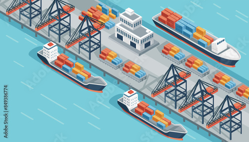 Marine terminal with cargo ships and cargo crane freight forwarding services vector illustration isometric design